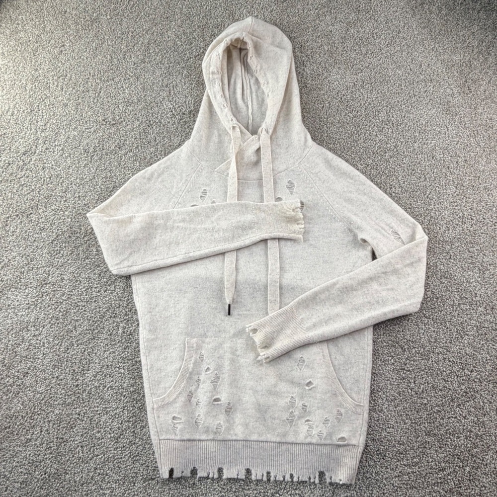 AQUA Cashmere Distressed Hoodie Womens S Beige Pullover Luxury Knit Sweater Boho